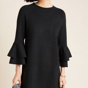 ANTHROPOLOGIE WOMEN'S    Elegant Black Ruffle Sleeve Sweter Dress,SIZE M.